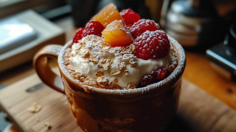 Mug Cake aux Flocons d&rsquo;Avoine, à la Compote et au Fromage Blanc